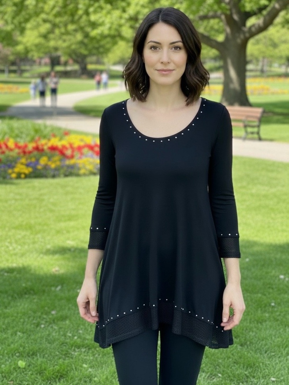 Belldini Women's Viscose Blend 3/4 Sleeve Tunic Top Studded Mesh Trim Black Sz S